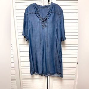 Philosophy M Denim Blue Denim Tencel Dress Western Boho Lace Up V Neck Pockets